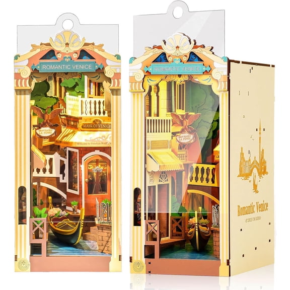 ROBOTIME Romantic Venice DIY Book Nook Kit, Wooden Mini Dollhouse Model Building Kits, 3D Puzzle Tiny House Bookends Bookshelf Decor, Gifts for Teens Adults
