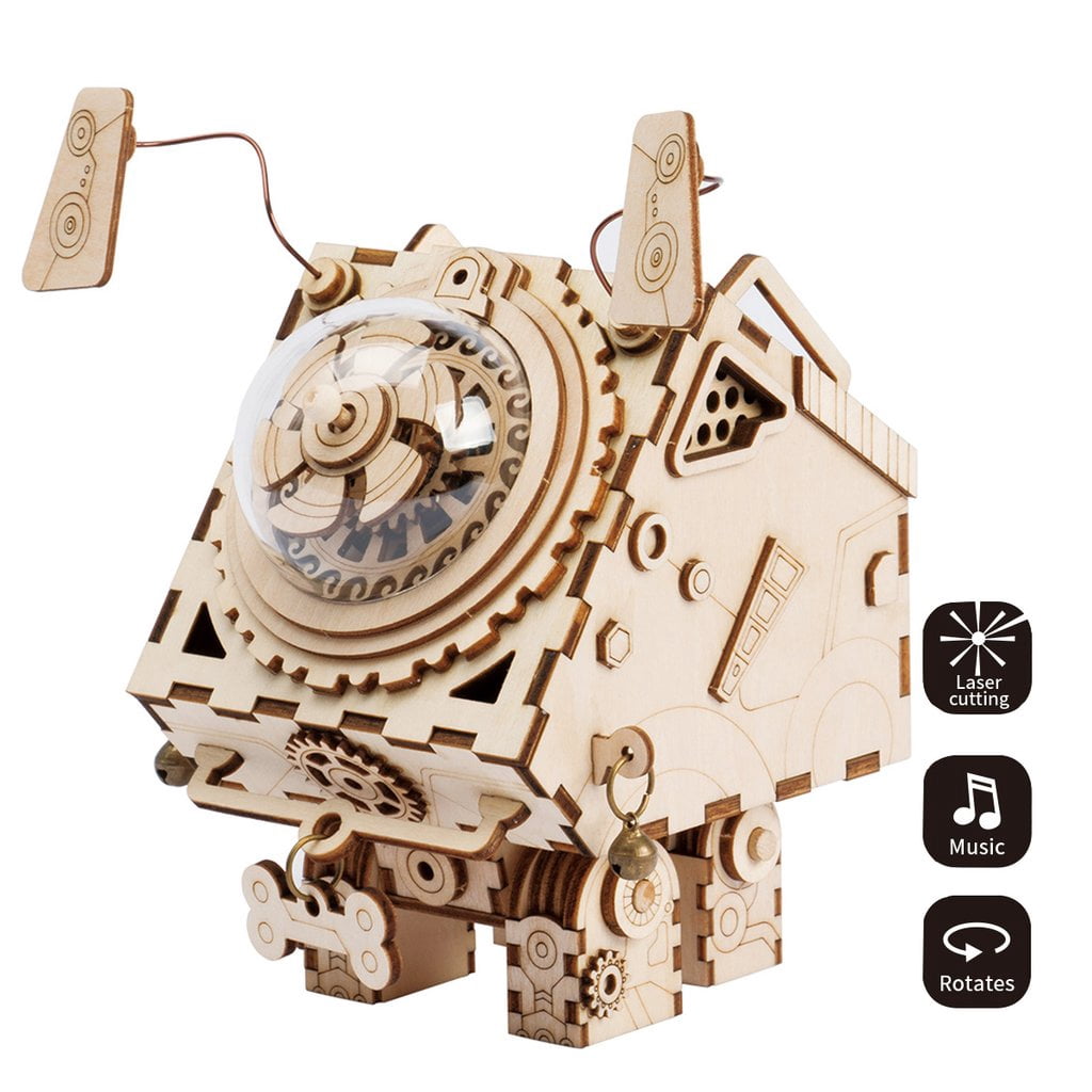 Robotime 3D Laser Cut Wooden Puzzle Music Box Kit Robot Dog Seymour Diy Puzzle Toy With A Cute Song