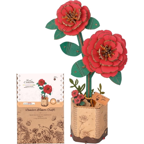 Robotime 3D Puzzle Red Camellia Kit, DIY Wooden Artificial Flower Craft for Adults and Girls, Holiday Birthday Gift