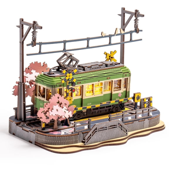 Robotime 3D Puzzle Wooden Jigsaw Car Toy DIY Model Kit for Adults, Building Toy with LED Light Diorama Tram Hobby for Kids Brain Teaser (Sakura Journey)