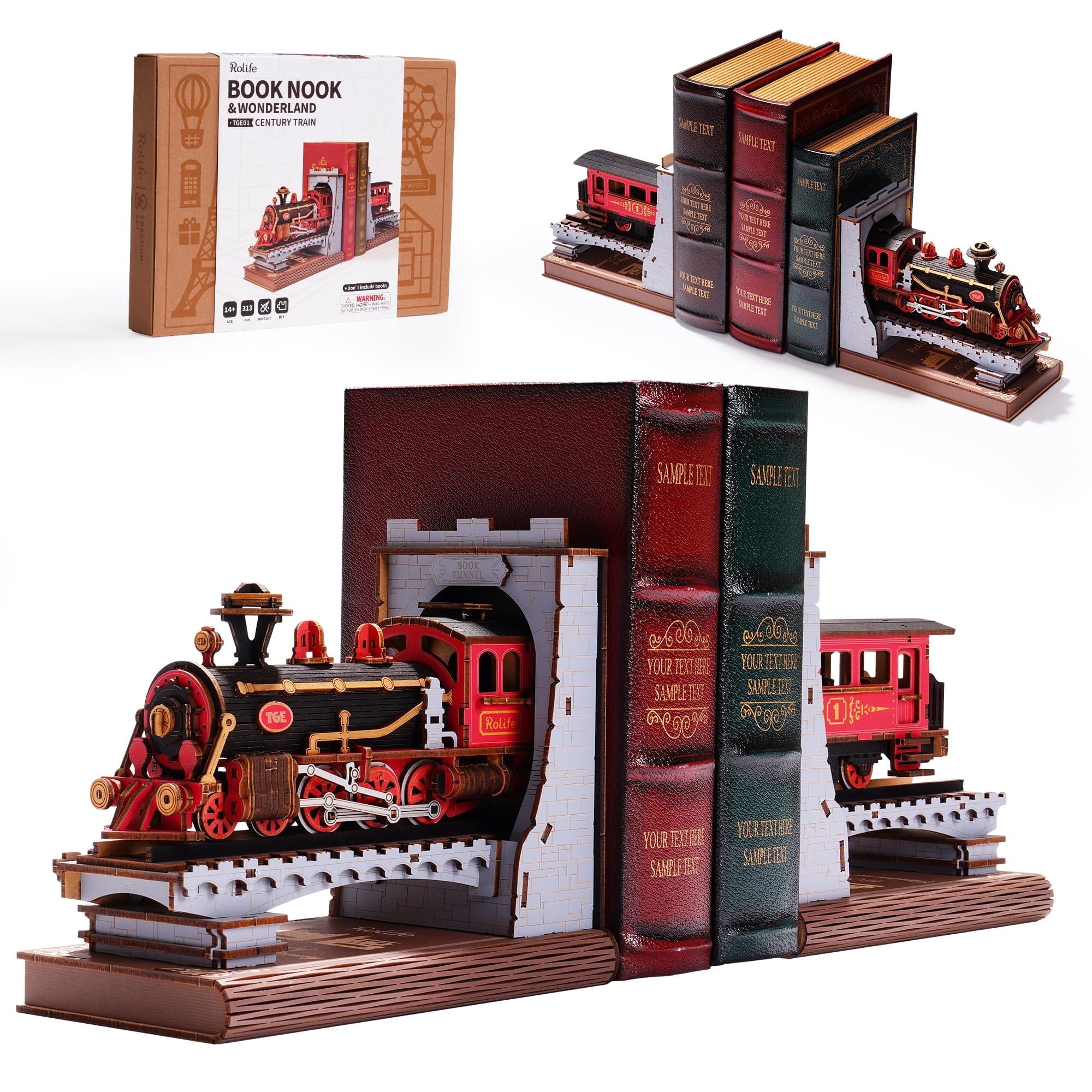 Robotime 3D Puzzles for Adults DIY Book Nook Kit Wooden VintageTrain Decorative Bookends 6.5" Model Building Kit Crafts for Adults Gifts for Boys Girls