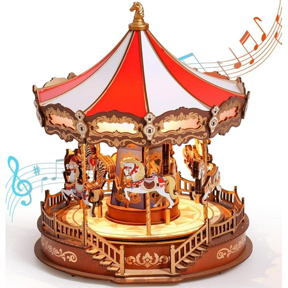 Robotime Classic Carousel Dreamer 3D Puzzle Music Box, DIY Wooden Building Model Kits,Christmas Birthday Gift for Kids Girls Adults