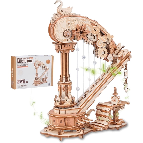 ROBOTIME Magic Harp Music Box, 3D Wooden Puzzle DIY Craft Kit Adult Gift