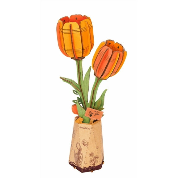 Robotime 3D Wooden Puzzle Orange Tulip DIY Model Building Kits Artifical Flower Toys for Girls Adults for Thanksgiving & Mother's Day & Valentine's Day & Birthday Gifts