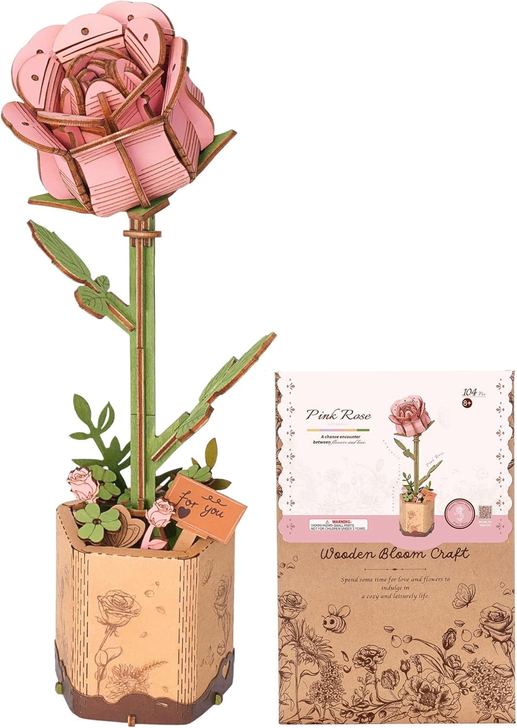 diy rose toy Rowood DIY Wooden Flowers 3D Wooden Puzzle Pink Rose