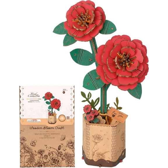 Robotime 3D Wooden Puzzle Red Camellia DIY Model Building Kits Artifical Flower Toys for Girls Adults for Thanksgiving & Mother's Day & Valentine's Day & Birthday Gifts