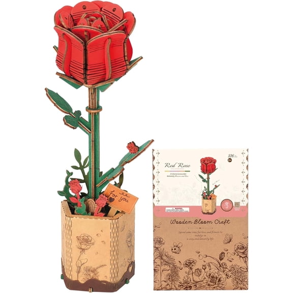 Robotime 3D Wooden Puzzle Red Rose DIY Model Building Kits Artifical Flower Toys for Girls Adults for Thanksgiving & Mother's Day & Valentine's Day & Birthday Gifts