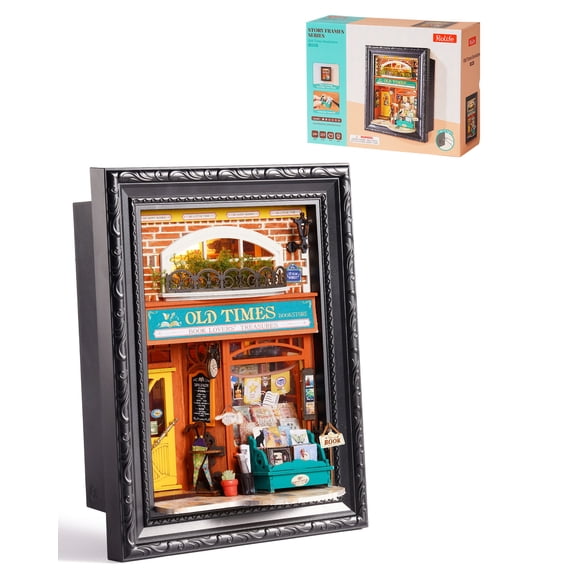Robotime 3D Wooden Puzzle, Wall-Mountable Tiny Home Creative Frame, DIY Dollhouse Building Set with LED for Home Decor, Christmas Birthday Gifts for Adults Teens(Old Times Bookstore)