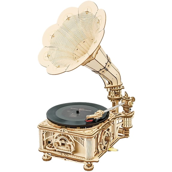 Robotime 3D Wooden Puzzle for Adults Classic Gramophone Model Kit to Build DIY Hand-Cranking 3-Speed Record Player