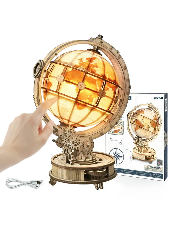 Robotime 3D Wooden Puzzles for Adults,LED Illuminated Wooden Globe Puzzle,Model Building Kits