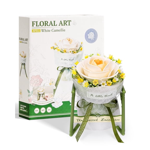 Robotime Artificial Flower DIY 3D Puzzle, 63PCS White Camellia with Stand Craft Kits for Adults to Build, Valentine's/Mother's Day Gifts for Women
