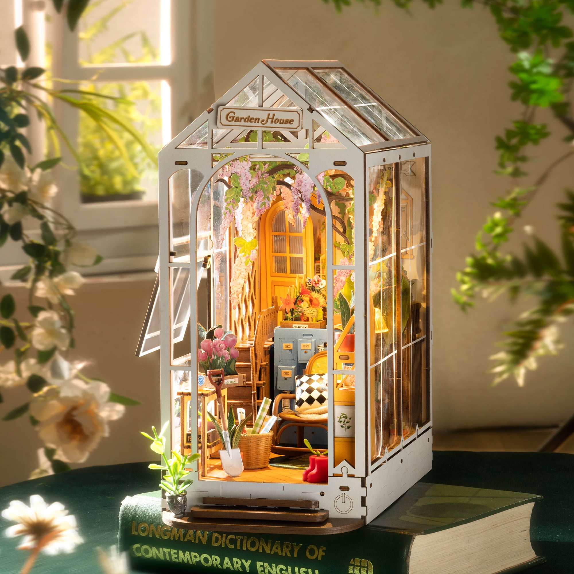 ROBOTIME DIY Book Nook Kit-Holiday Garden House, Wooden Miniature Dollhouse Building Sets, 3D Puzzle Tiny Home Bookends Craft Kits Bookshelf Decor, Gifts for Adults Teens