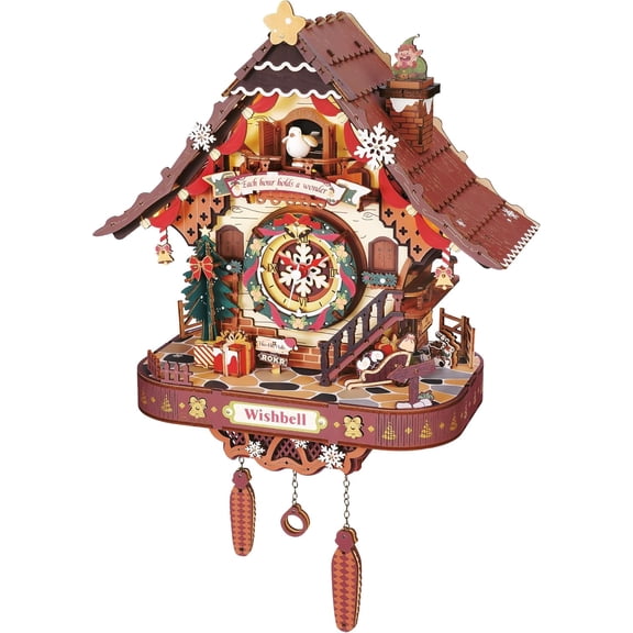 Robotime Christmas Cuckoo Clock 3D Puzzles for Adults, Working Wall Clock Model Kit, 293 Pieces