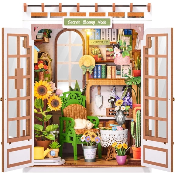 Robotime DIY Book Nook Kit, Secret Bloomy Nook 3D Puzzle for Adults to Build, Mini Dollhouse Building Set with LED Light for Bookshelf Decor, Gift for Adults Kids Friends
