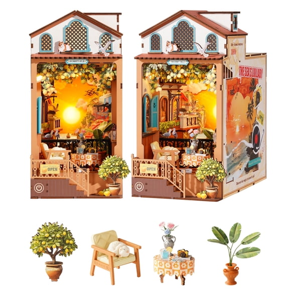 Robotime DIY Book Nook Kit, Sunset Isle Bookends Wooden 3D Puzzle, Mini Dollhouse Model Building Kit with LED Light for Bookshelf Decor, Gift for Adults Book Lovers