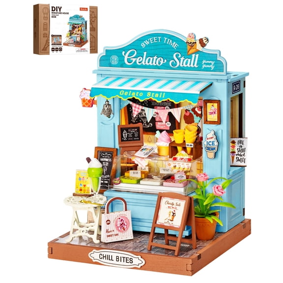 Robotime DIY Miniature Dollhouse Kit, Gelato Stall Mini house Model Kit for Adults to Build, Tiny House 3D Puzzle Craft Kit for Home Decor, Gifts for Adults Teens