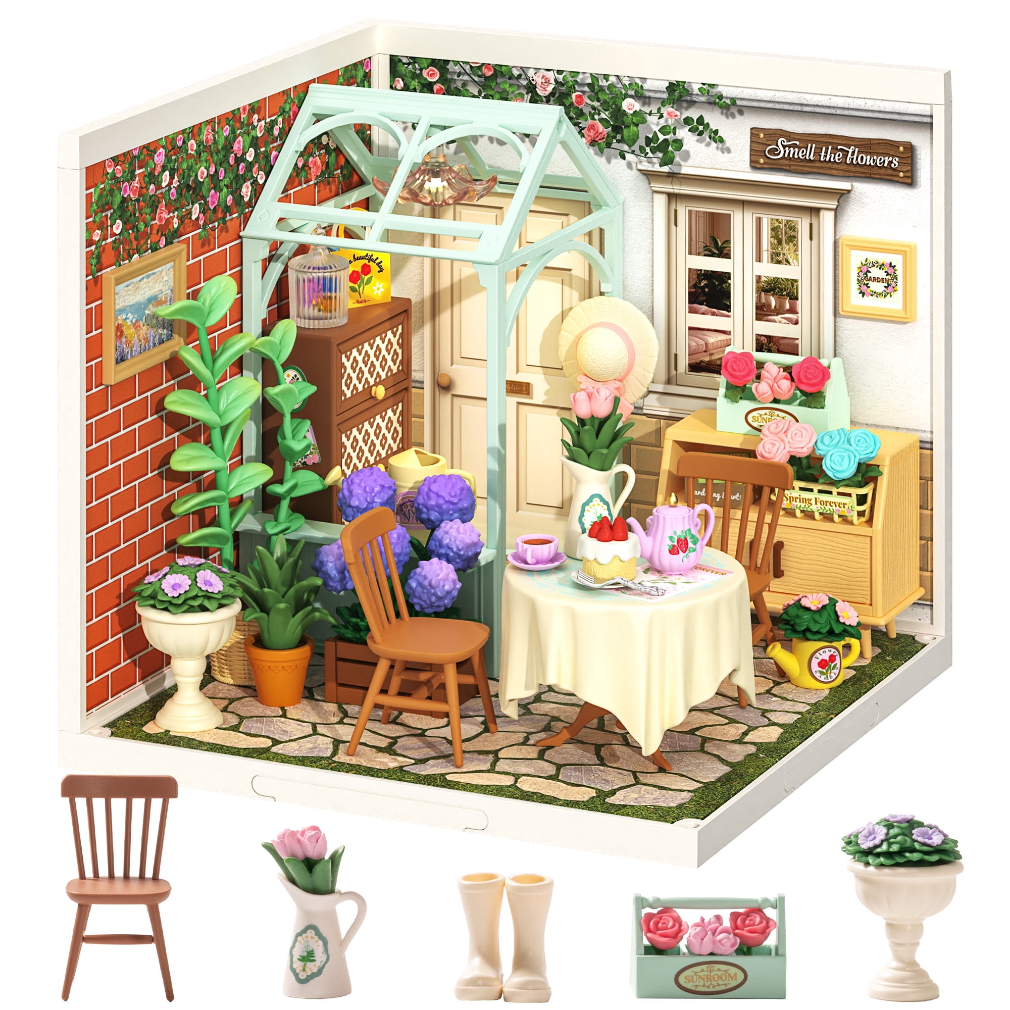 ROBOTIME Super Creator DIY Miniature Dollhouse Kit-Blooming Tea Garden,Plastic Tiny House Building Set Craft Kits,Gifts for Teens Adults