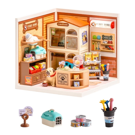 Robotime DIY Miniature House Kit, Furry Friends' Home Super Creator, Mini Dollhouse Building Set with LED Light, Tiny House Craft Kit for Home Decor, 3D Puzzle Toys Gifts for Adults Teens