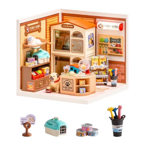 Robotime DIY Miniature House Kit, Furry Friends' Home Super Creator, Mini Dollhouse Building Set with LED Light, Tiny House Craft Kit for Home Decor, 3D Puzzle Toys Gifts for Adults Teens