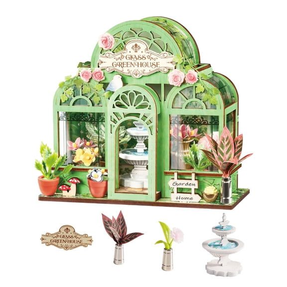 Robotime DIY Miniature House Kit, Green Fountain Garden 3D Puzzle Tiny House, 76PCS Dollhouse Model Kit for Adults to Build, Gifts for Adults Teens