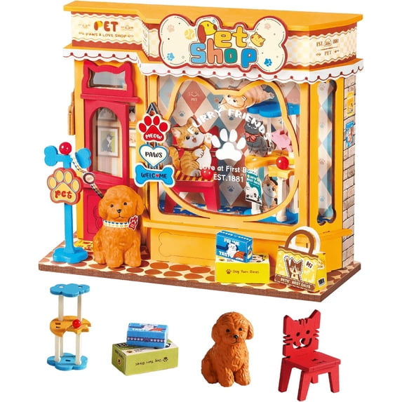 Robotime DIY Miniature House Kit, Pawfect Pet Shop, 76PCS Dollhouse Model Kit for Adults to Build, 3D Puzzle Tiny House Building Craft Kit for Home Decor
