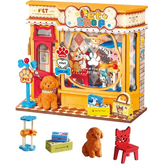 Robotime DIY Miniature House Kit, Pawfect Pet Shop, 76PCS Dollhouse Model Kit for Adults to Build, 3D Puzzle Tiny House Building Craft Kit for Home Decor