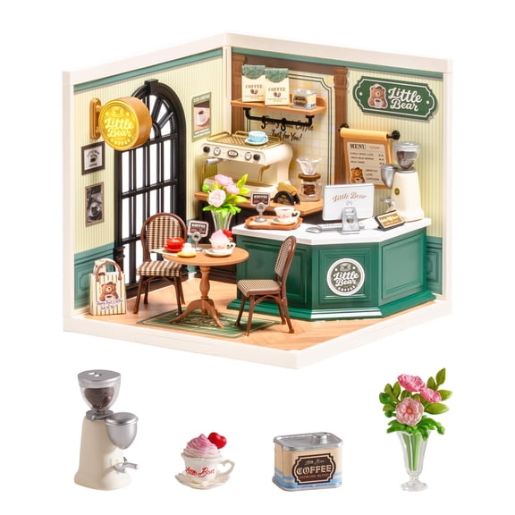 Robotime DIY Miniature House Kit, Perfect Romance Caf Super Creator, Mini Dollhouse Building Set with LED Light, Tiny House Craft Kit for Home Decor, 3D Puzzle Toys Gifts for Adults Teens