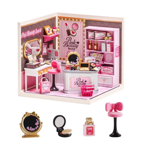Robotime Super Creator Pink Beauty Secret Miniature Dollhouse Kit, DIY Plastic Micro Block Model Set for Adults