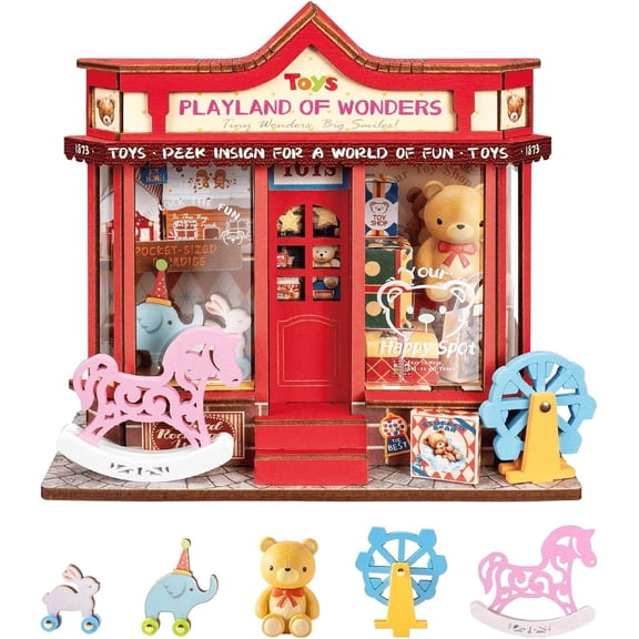 Robotime DIY Miniature House Kit, Whimsy Toy Shop Diorama Tiny House Model Building Set, 81PCS Dollhouse Crafts Kits for Adults to Build