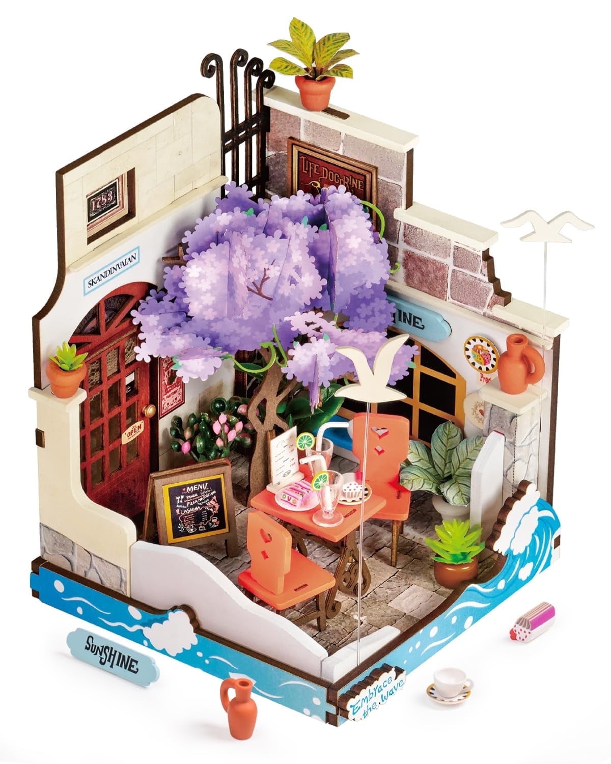 Robotime DIY Miniature House Wood Kit Sea Holiday Restaurant Home Desk Bookshelf Decoration Birthday Gifts for Adult Boys & Girls