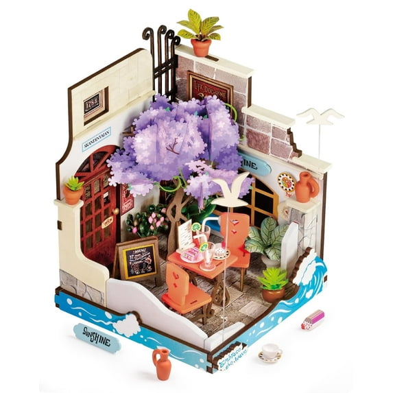 Robotime DIY Miniature House Wood Kit Sea Holiday Restaurant Home Desk Bookshelf Decoration Birthday Gifts for Adult Boys & Girls