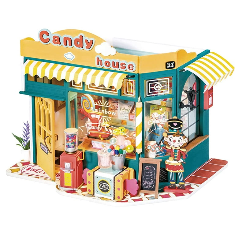 Robotime Dollhouse DIY Miniature Dollhouse Kit 1/24 Scale Candy House with  LED Room Making Kit Craft Hobby Kit Gifts for Boys Girls