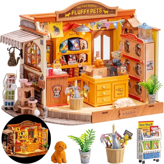 Robotime Fluffy Friends Hub Diy Miniature Dollhouse Kit , Pet Store Model with LED , Wooden Building kit for Adults & Teens 14+