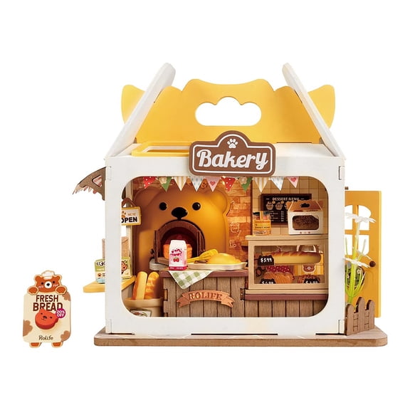 Robotime Food Box Shop Set Toy DIY Miniature House Kit with LED Gifts for Teens Adults,Teddy's Breadbox