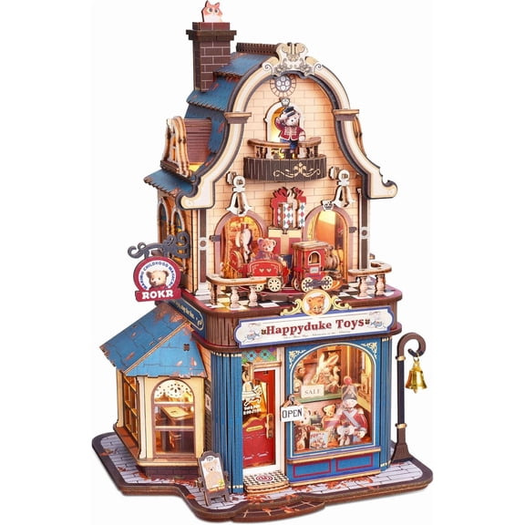 Robotime Happyduke Toy Shop 3D Puzzles for Adults, Diy Wooden Model Kit with Led Light and Music