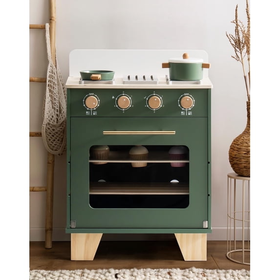 Robotime Kids Wooden Toy Oven Kitchen Play Set Kids Pretend Playset Toy with Play Food for Kids Boys Girls Age 3+,Vintage Green