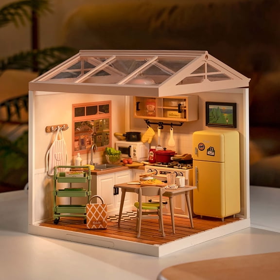 ROBOTIME Plastic Dollhouse Building Set Toy,DIY Miniature House Playset with LED for Mini Figures Construction Toys Diorama Kit Gifts for Teens Adults