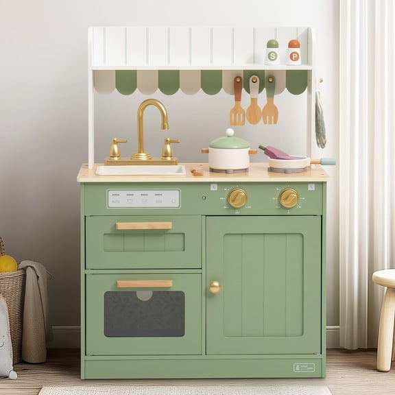Robotime Play Kitchen for Kids Toddlers, Wooden Pretend Play Kitchen Set Toy with Cutting Food Set, Toys Kitchen Gift for 3+ Kids,Green