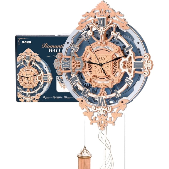 Robotime Romantic Note Wall Clock Wooden 3D Puzzle, DIY Vintage Wooden Pendulum Clock Model Kit for Adult to Build, 12" Clock Model Mechanical Building Set for Home Decor