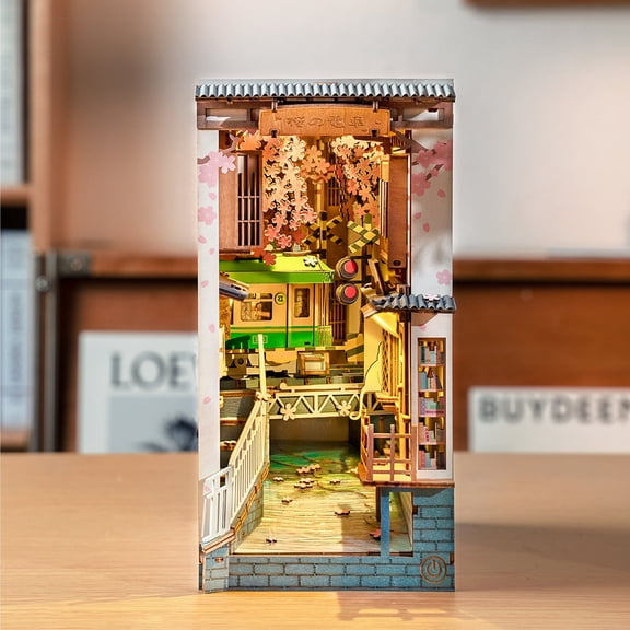 ROBOTIME Sakura Densya Book Nook Kit Building Set, Miniature Dollhouse Bookends Craft Kits, 3D Puzzle Wooden Tiny House Bookshelf Decor, Gifts for Book Lovers Teens
