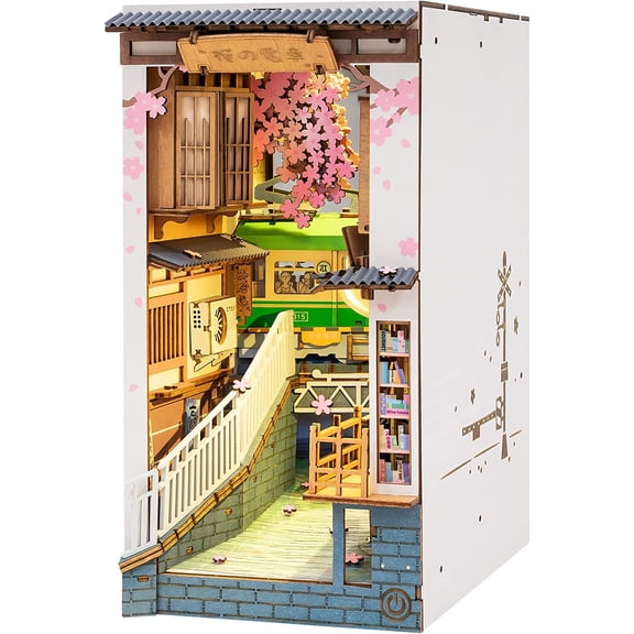 ROBOTIME Sakura Densya Book Nook Kit Building Set, Miniature Dollhouse Bookends Craft Kits, 3D Puzzle Wooden Tiny House Bookshelf Decor, Gifts for Book Lovers Teens