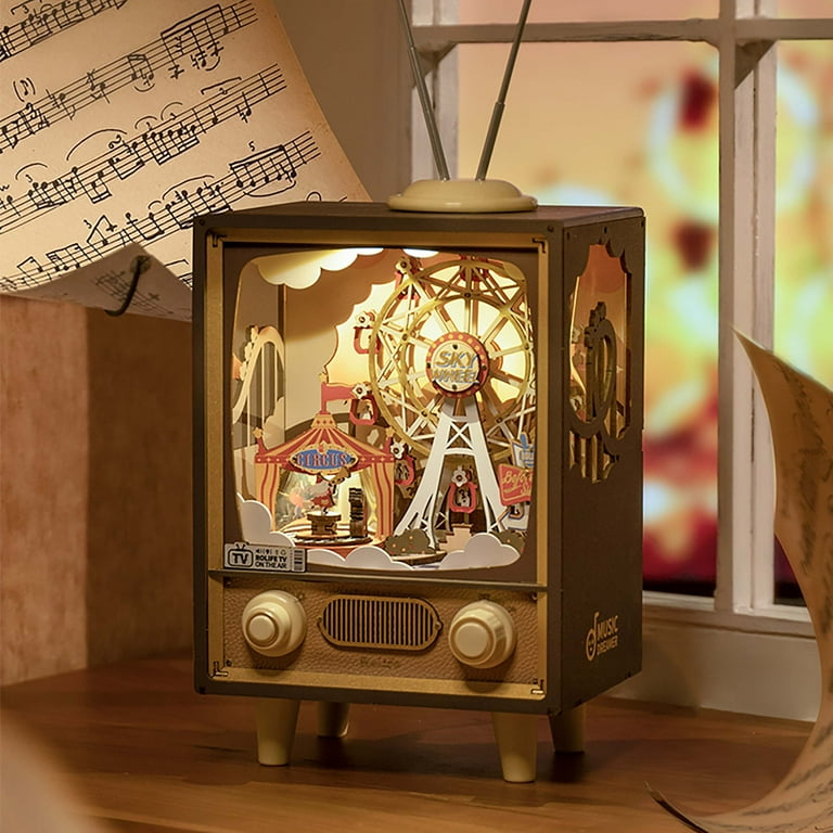 ROBOTIME Sunset Carnival 3D Wooden Puzzle Music Box,DIY Tiny House
