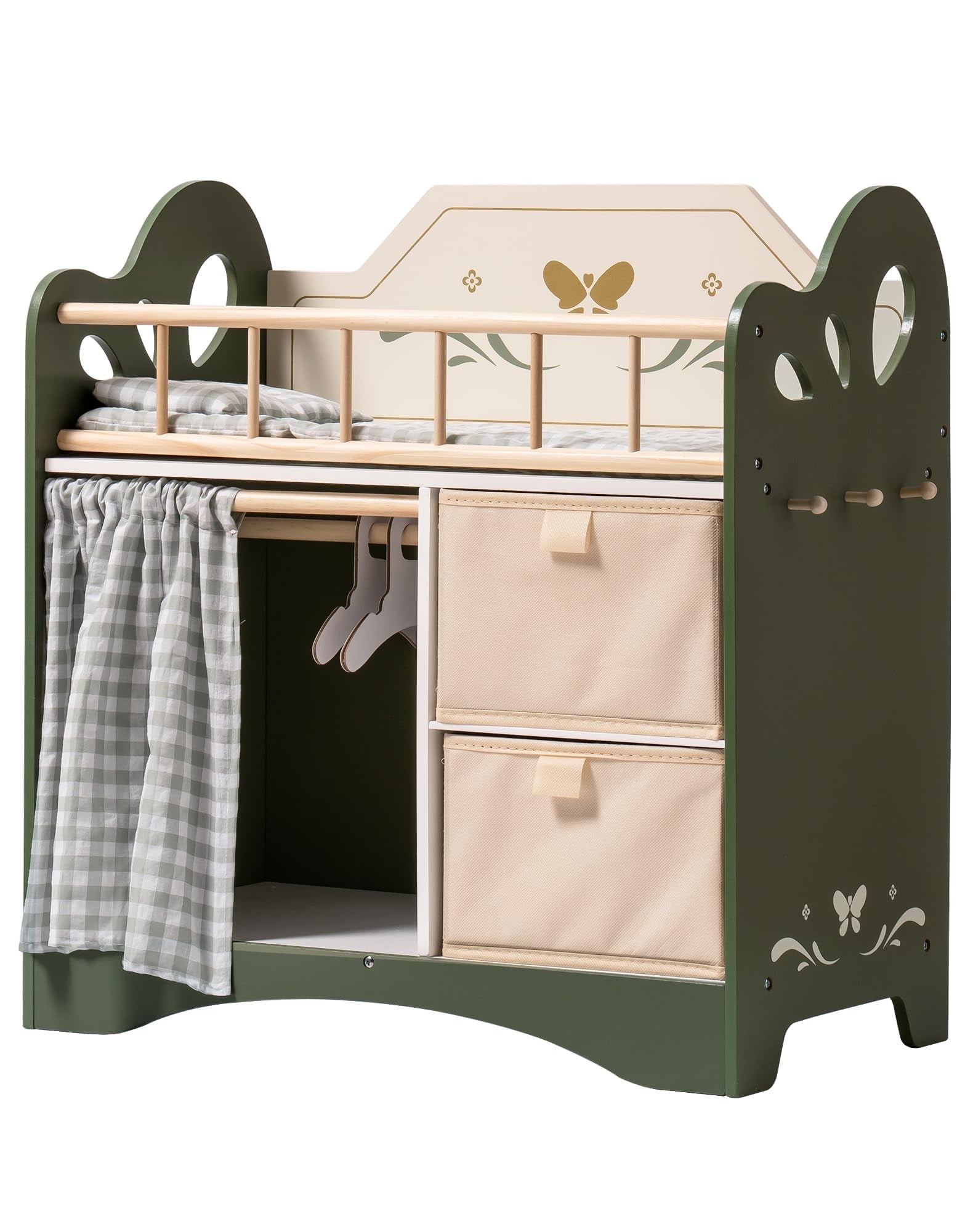 Green Wooden Doll Cradle with Storage and Bedding