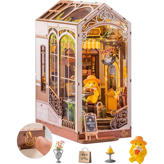 Robotime Wood 3D Puzzle Holiday Cafe Book Nook Kit with Led, Miniature Coffee Shop Model, 171 Pieces