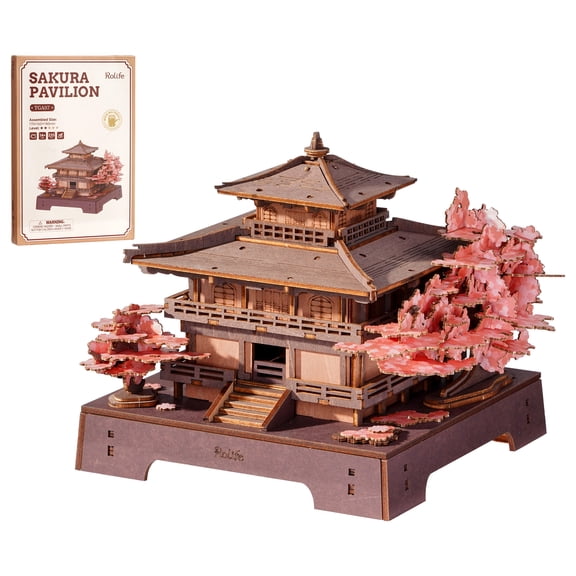 Robotime Wooden 3D Puzzle, Sakura Pavilion Model Building Kit, DIY Miniature Dollhouse Toy for Home Decor, Gift for Adults Kids