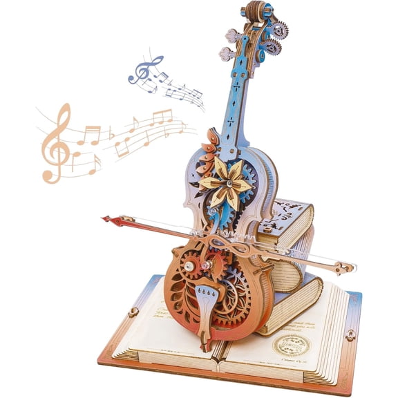 Robotime Wooden 3D Puzzle, Symphony of Gorgeous Dreams Mechanical Music Box, 199PCS DIY Cello Toys Model Kit for Adult to Build, Birthday Gift for Adults Kids Friends