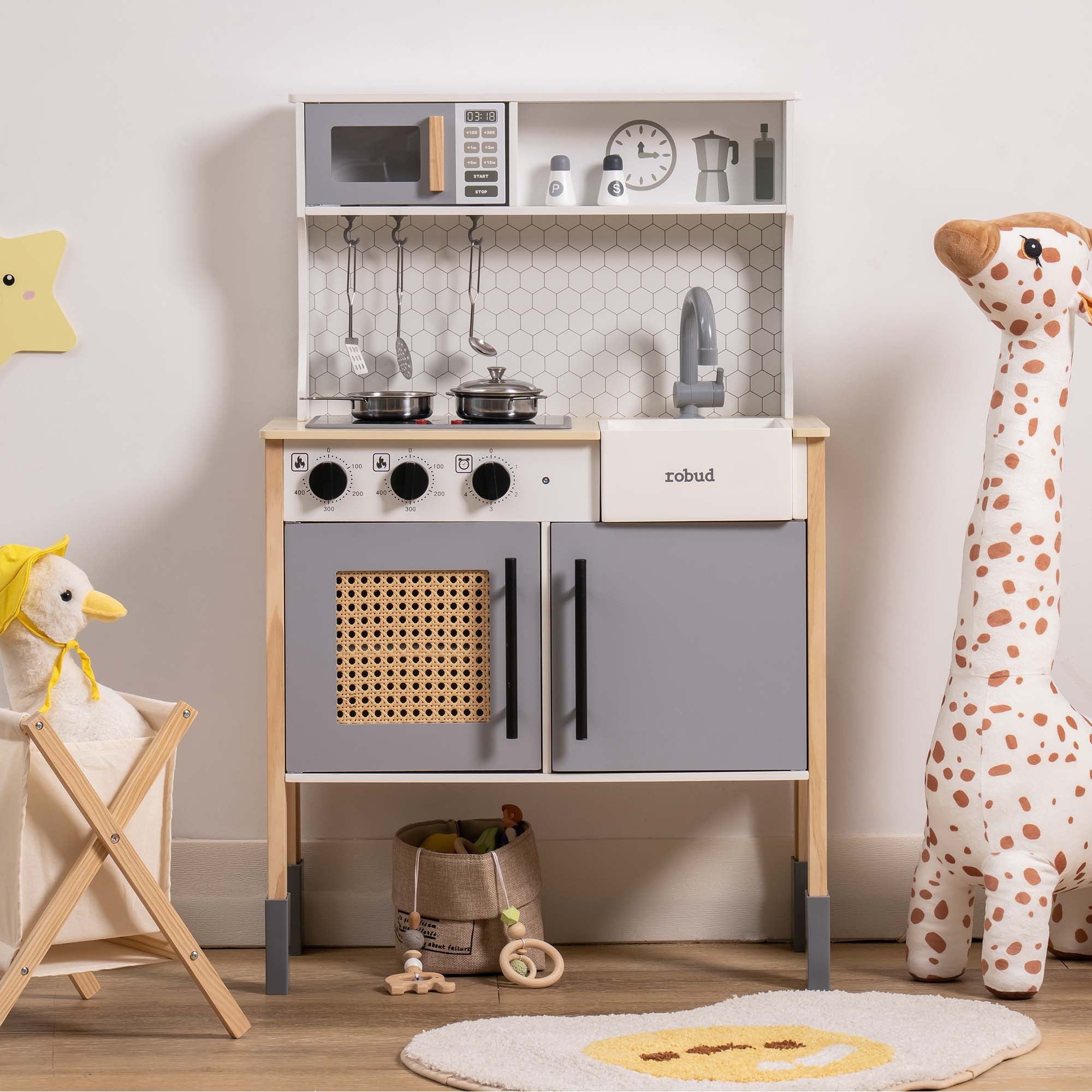 Gray Wooden Play Kitchen Set with Lights and Sounds