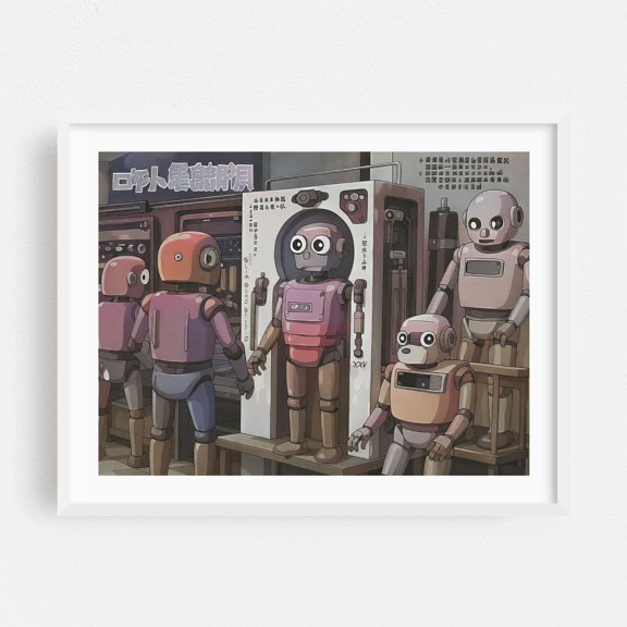 Robotron - Illustration Sci-Fi Surrealism Retro Industrial Vintage White Framed Wall Art Print 18 x 24 inches