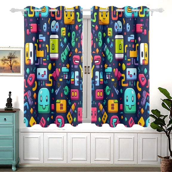 Robots Aliens Curtain Black Out Thermal Insulation Curtains Aesthetic 54 Inch Length for Bedroom Living Room 2 panels set