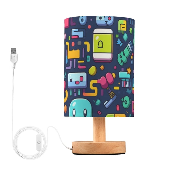 Robots Aliens Table Lamp USB Bedside Desk Nightstand Lamp Printed Gifts Small Lamp Wood Base for Bedroom Living Room Kids Room College Dorm
